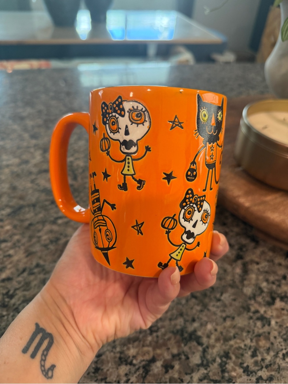 Oversized Halloween Skull & Cat Decorative Mug NWOT